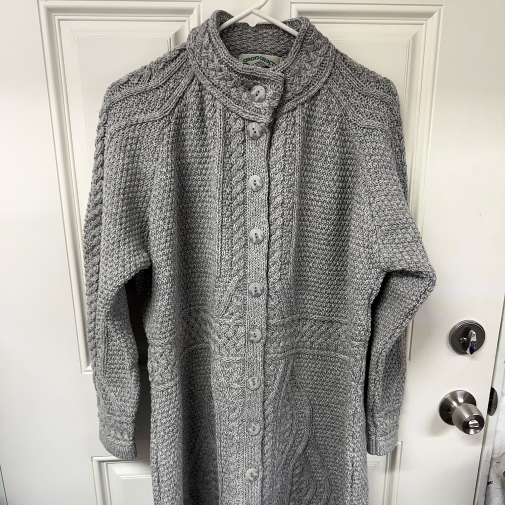 Aran Crafts Gray Merino Wool Cable Knit Button Cardigan XXL
